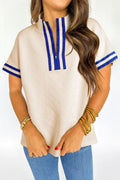 Accessories Love Salve Beige Striped Trim Top Women's Preppy Quarter Zip Short Sleeve - Summer Style