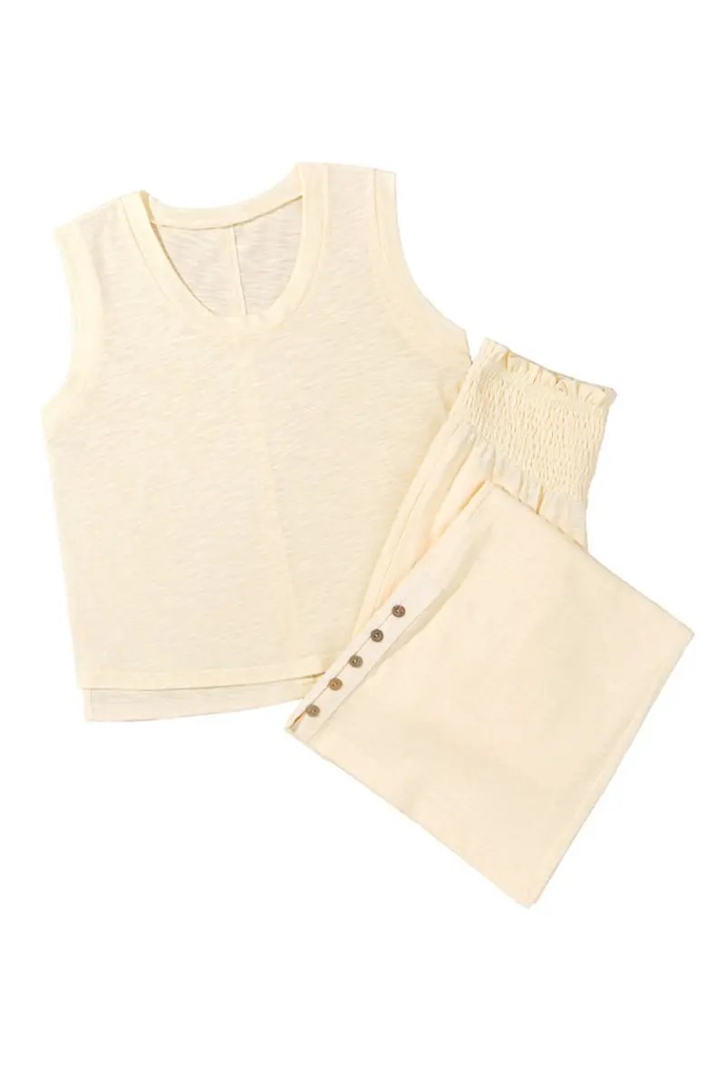 Love Salve Beige Set Women's Daily Wear Tank Top & Smocked Pants Casual Summer Outfit