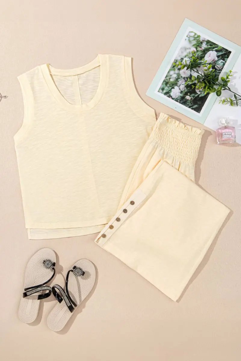 Love Salve Beige Set Women's Daily Wear Tank Top & Smocked Pants Casual Summer Outfit