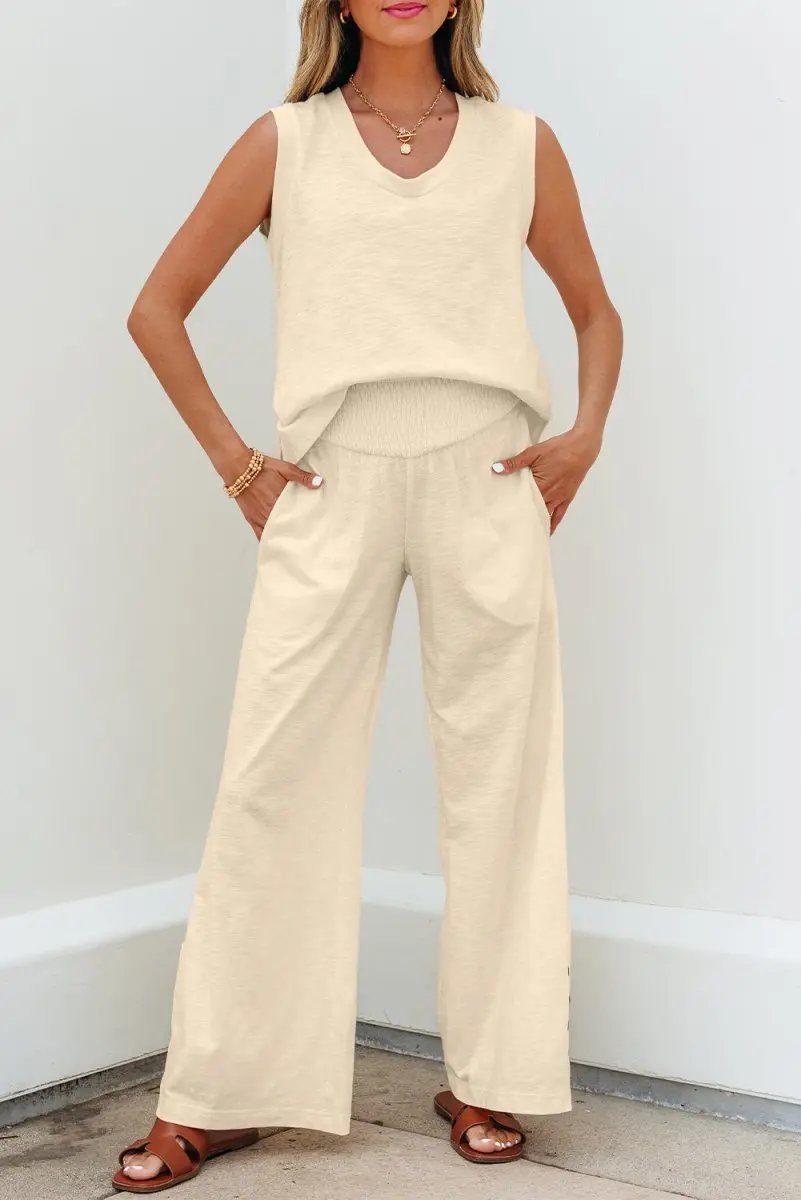 Love Salve Beige Set Women's Daily Wear Tank Top & Smocked Pants Casual Summer Outfit