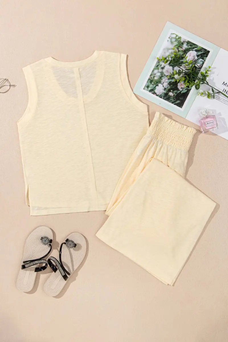 Love Salve Beige Set Women's Daily Wear Tank Top & Smocked Pants Casual Summer Outfit