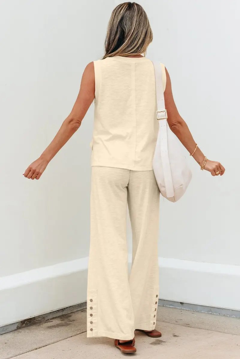 Love Salve Beige Set Women's Daily Wear Tank Top & Smocked Pants Casual Summer Outfit