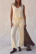 Love Salve Beige Set Women's Daily Wear Tank Top & Smocked Pants Casual Summer Outfit
