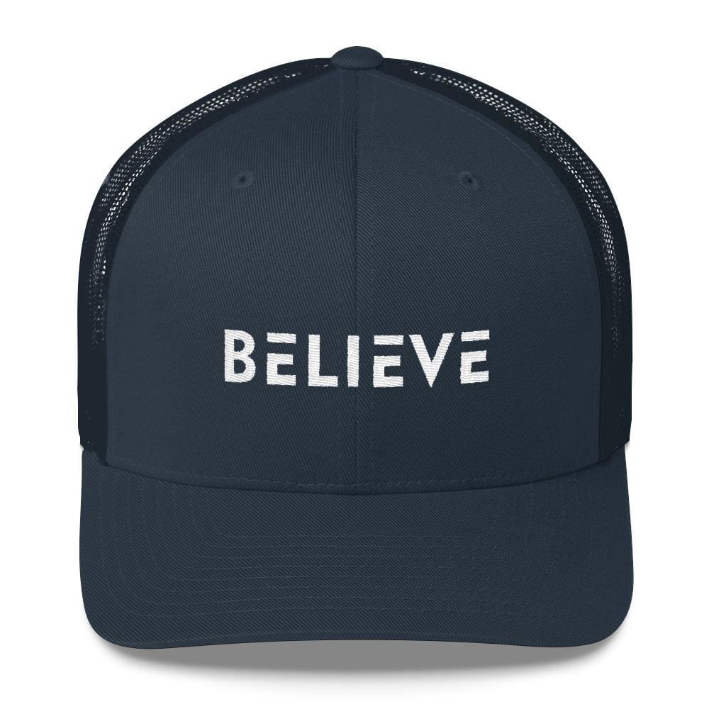 Believe Snapback Trucker Hat Embroidered in White Thread