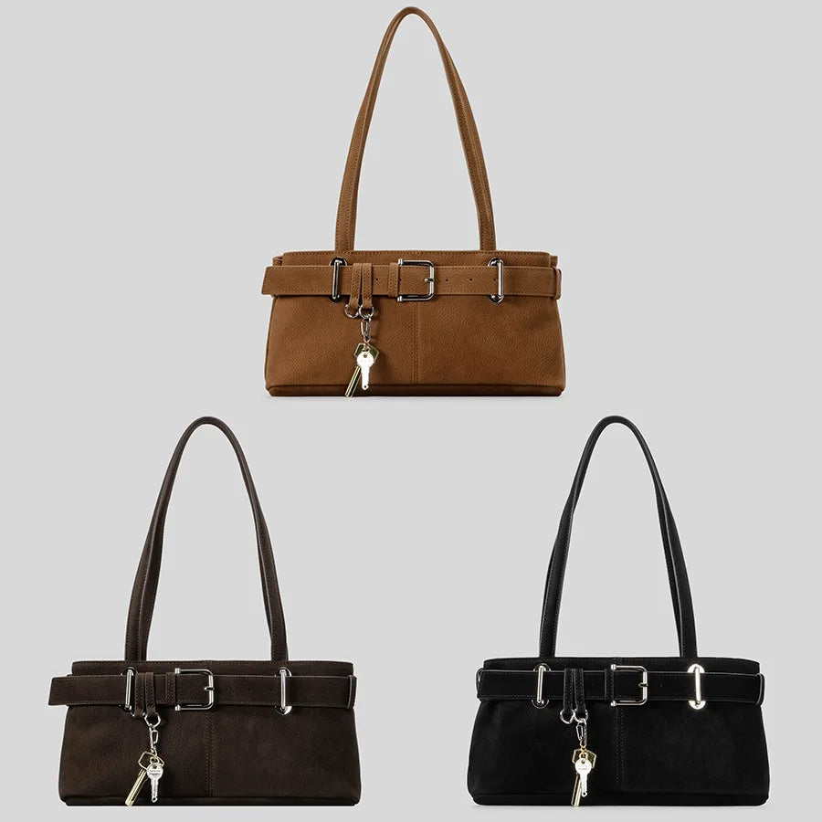 Beltora Belt Buckle Suede Shoulder Bag