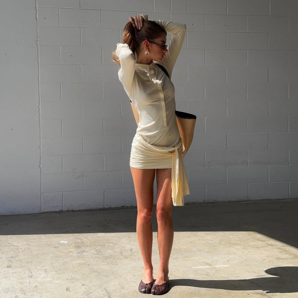 Bets Are Off Long Sleeve Shirt Beige Mini Dress