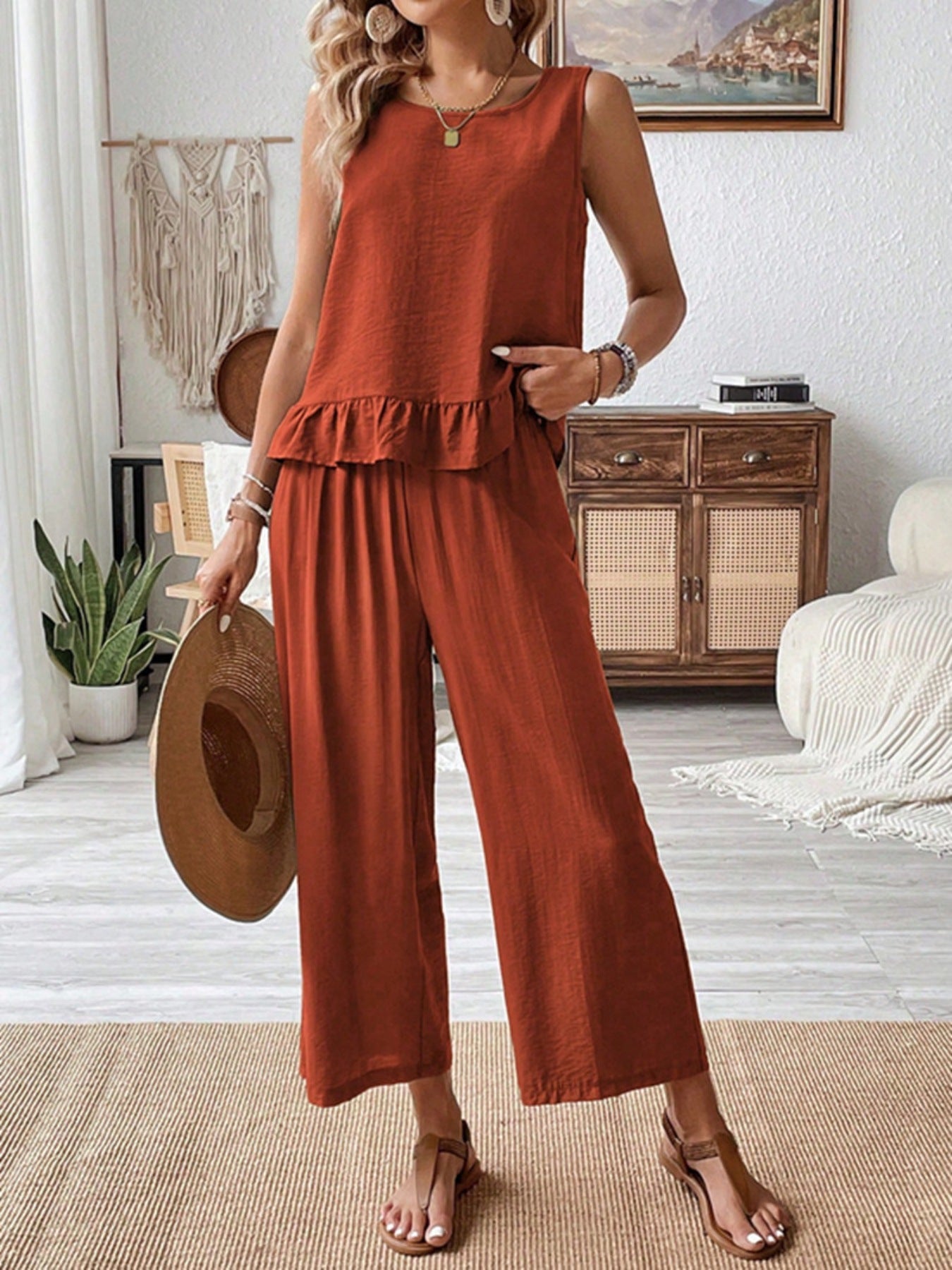 Women's Rust Sleeveless Ruffle Hem Tank & Wide Leg Pant Set