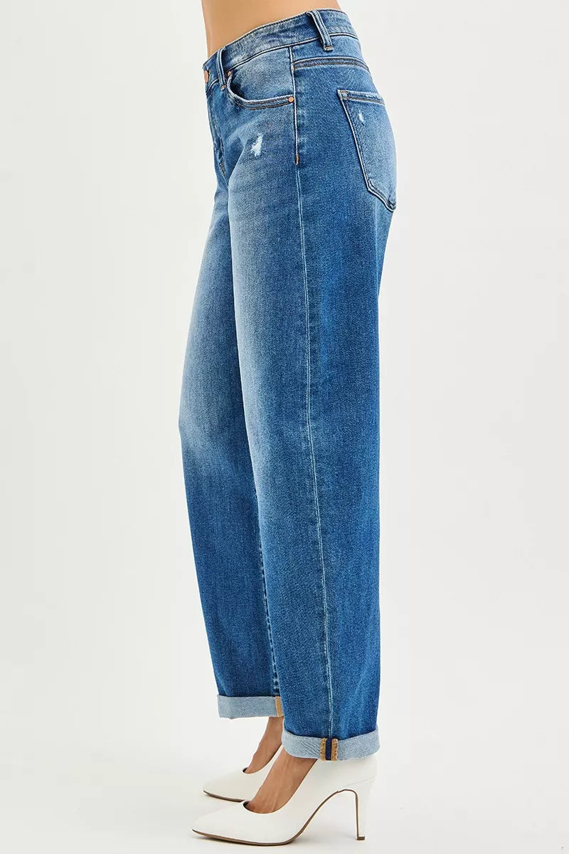 RISEN Plus Size Mid Rise Barrel Jeans With Double Roll Up Cuffs For Flattering All Day Comfort