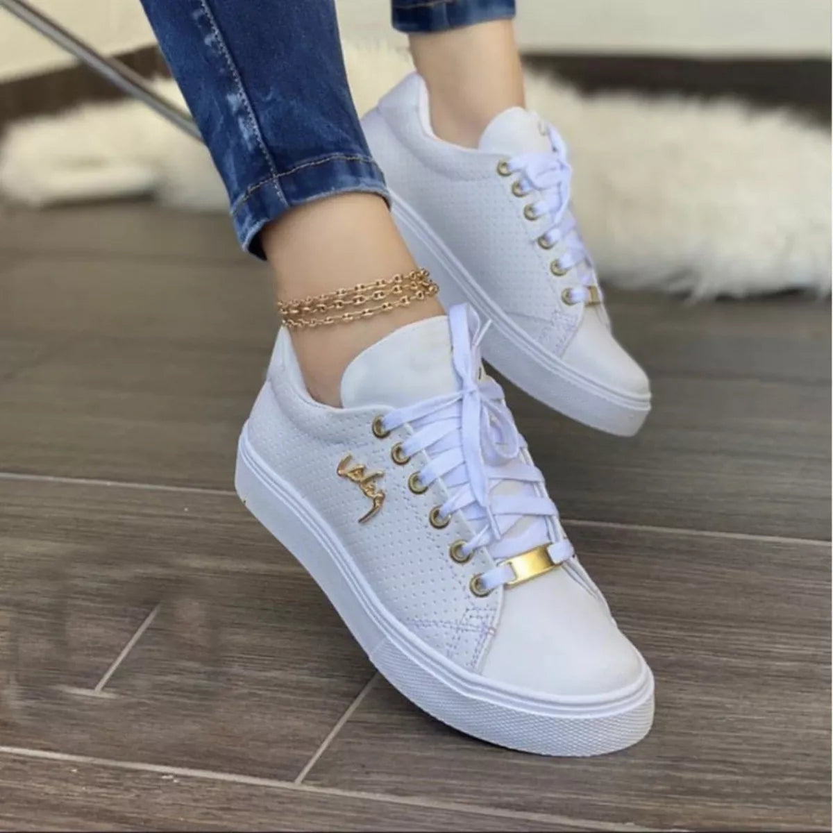 Women's Lace Up Round Toe Sneakers in Black Faux Leather
