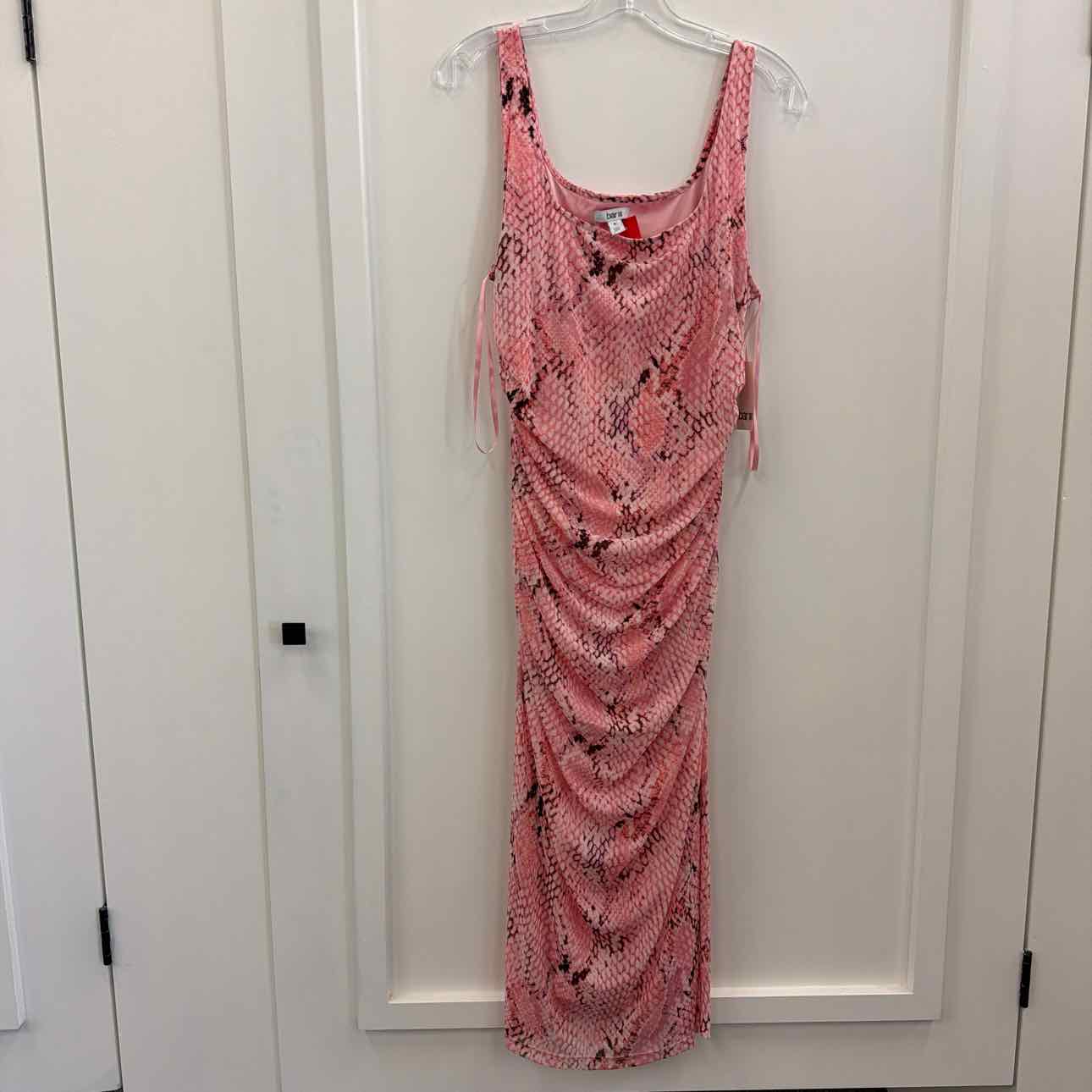 Bar III Size XL Pink  Snakeskin-Print Rouched MIDI Dress - Rose Bloom Multi