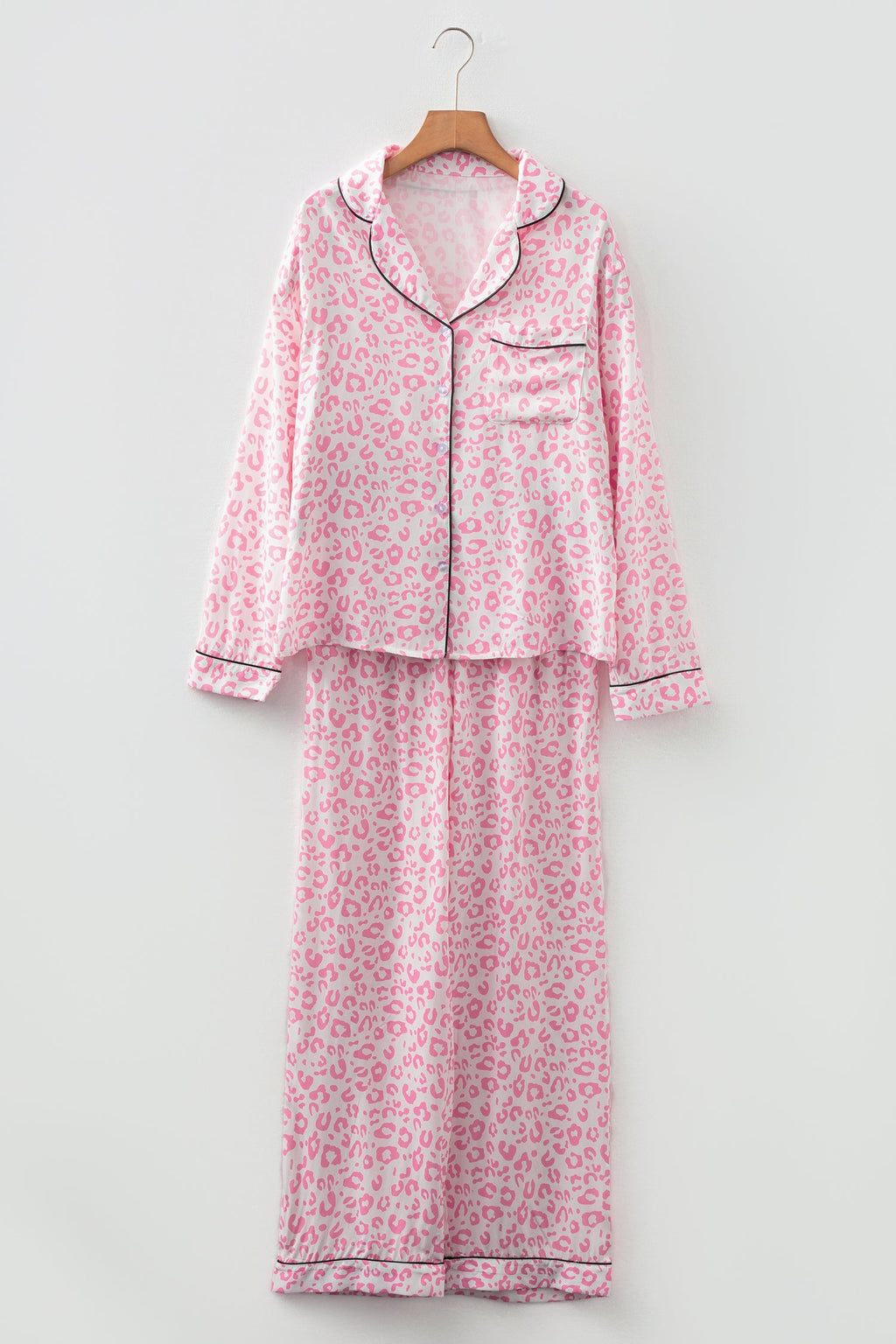 Pink Leopard Print Long Pajama Set – Lapel Button Front Top & Elastic Pants