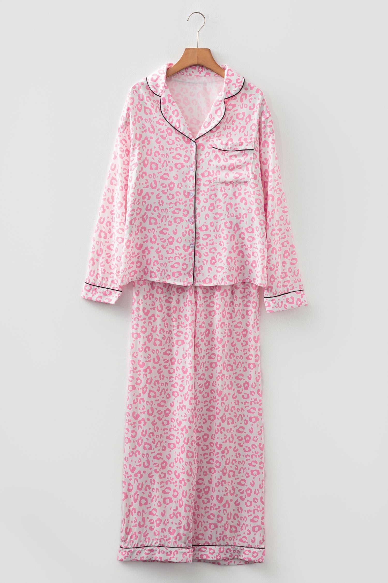 Pink Leopard Print Long Pajama Set – Lapel Button Front Top & Elastic Pants