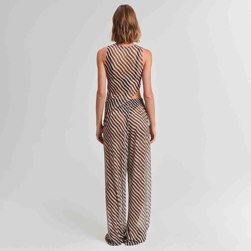 Women's Sleeveless Diagonal Stripes See-through Irregular Top Suit