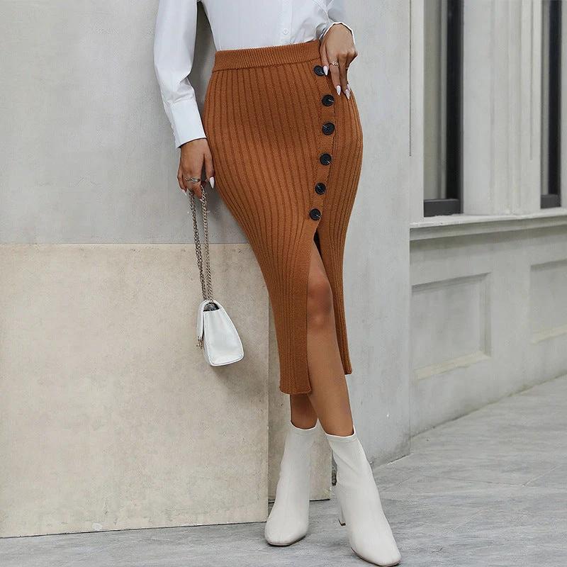 Casual Elegant Button Knitted Slit Commuter Skirt