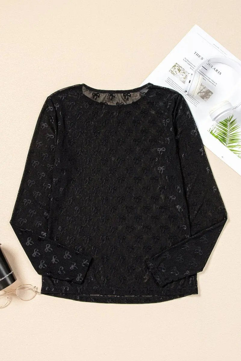 Accessories Love Salve Black Mesh Bow Top Women's Daily Wear Sheer Long Sleeve Shirt