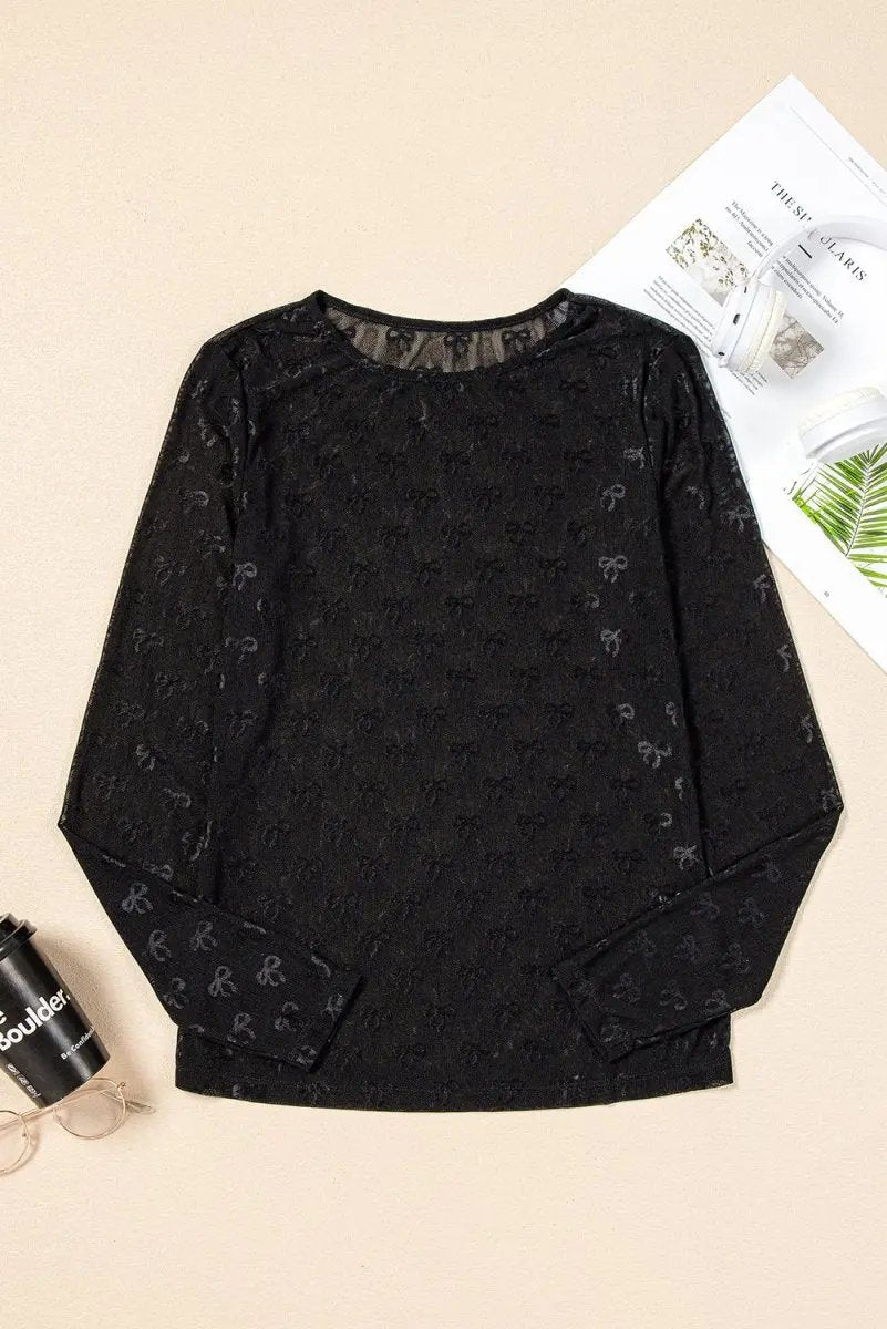 Accessories Love Salve Black Mesh Bow Top Women's Daily Wear Sheer Long Sleeve Shirt