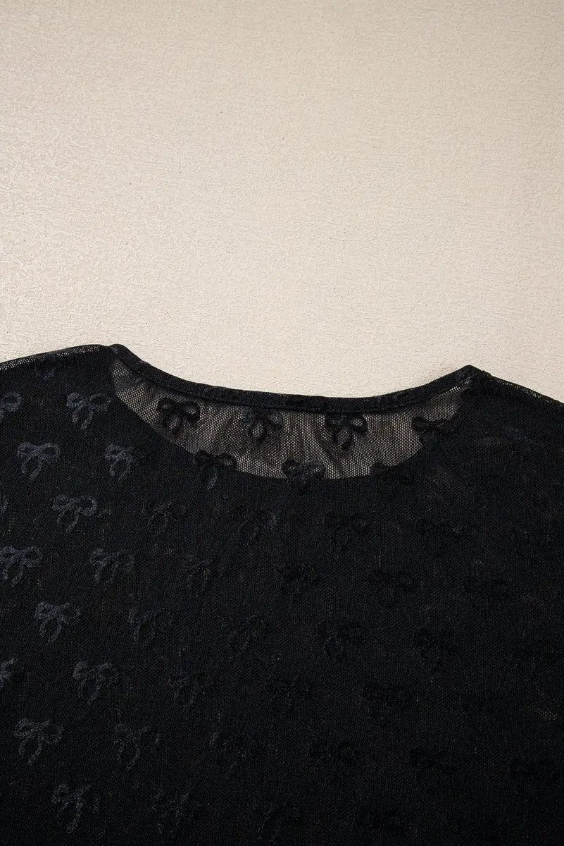 Accessories Love Salve Black Mesh Bow Top Women's Daily Wear Sheer Long Sleeve Shirt