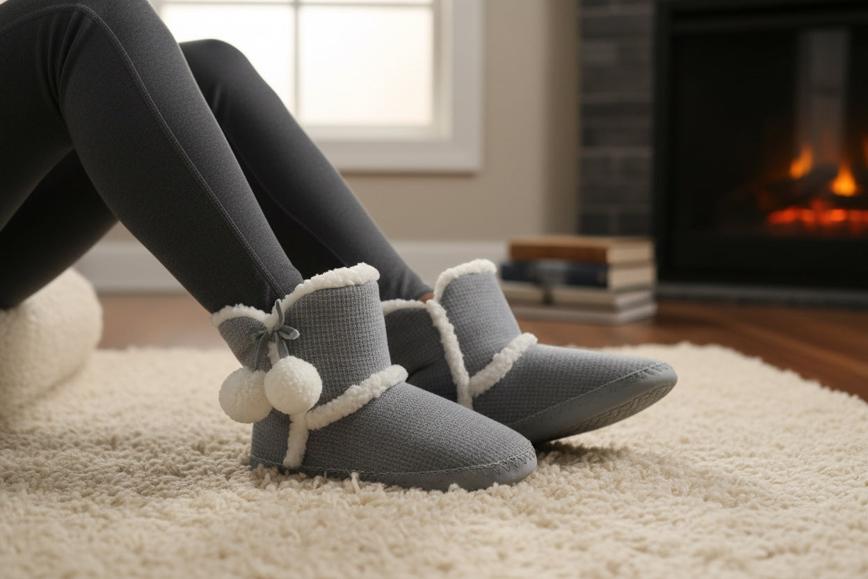 Women's Memory Foam Knitted Booties w/ Pom Poms