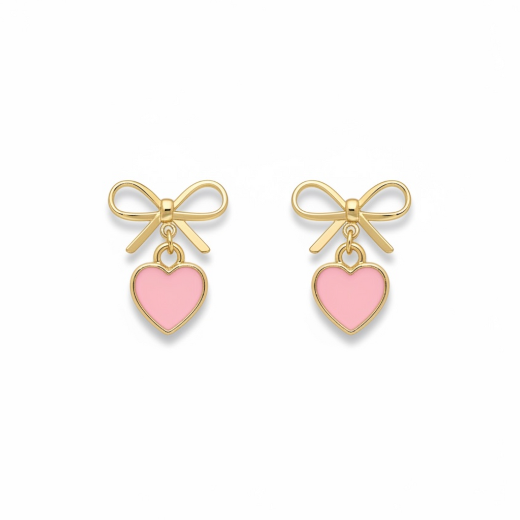 Bow Earrings with Cute Pink Heart Charm