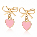 Bow Earrings with Cute Pink Heart Charm