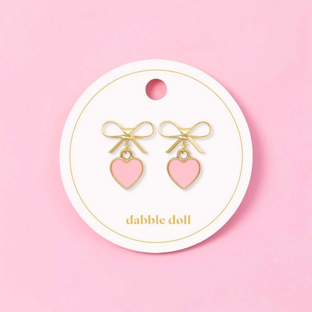 Bow Earrings with Cute Pink Heart Charm
