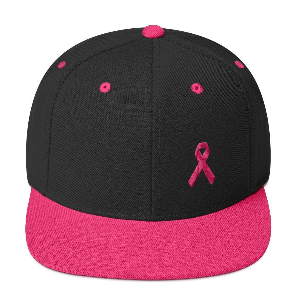 Breast Cancer Awareness Snapback Hat with Flat Brim and Pink Ribbon