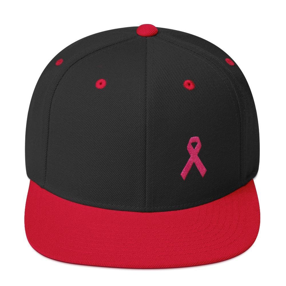 Breast Cancer Awareness Snapback Hat with Flat Brim and Pink Ribbon