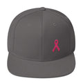 Breast Cancer Awareness Snapback Hat with Flat Brim and Pink Ribbon