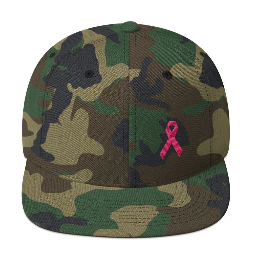 Breast Cancer Awareness Snapback Hat with Flat Brim and Pink Ribbon