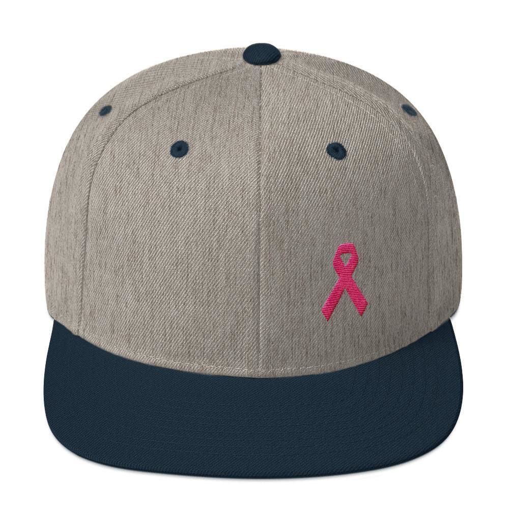 Breast Cancer Awareness Snapback Hat with Flat Brim and Pink Ribbon