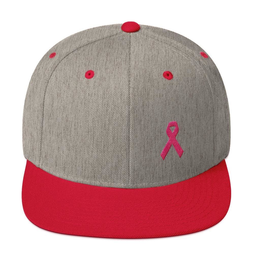 Breast Cancer Awareness Snapback Hat with Flat Brim and Pink Ribbon