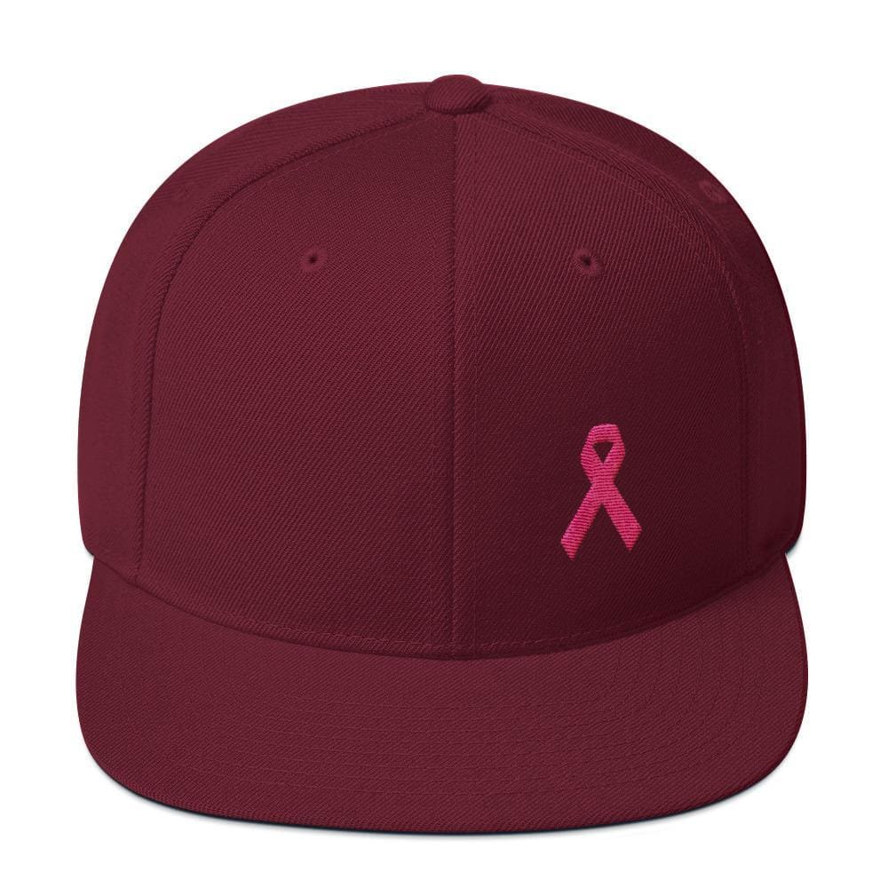 Breast Cancer Awareness Snapback Hat with Flat Brim and Pink Ribbon