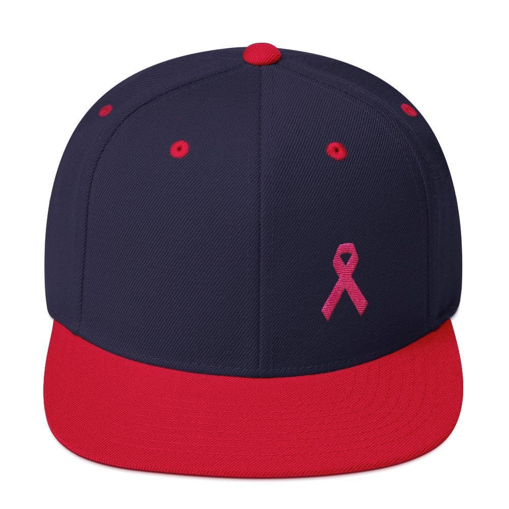 Breast Cancer Awareness Snapback Hat with Flat Brim and Pink Ribbon