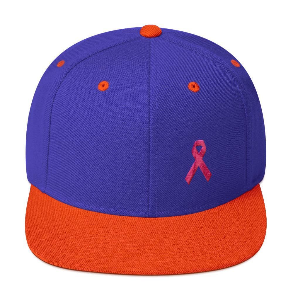 Breast Cancer Awareness Snapback Hat with Flat Brim and Pink Ribbon