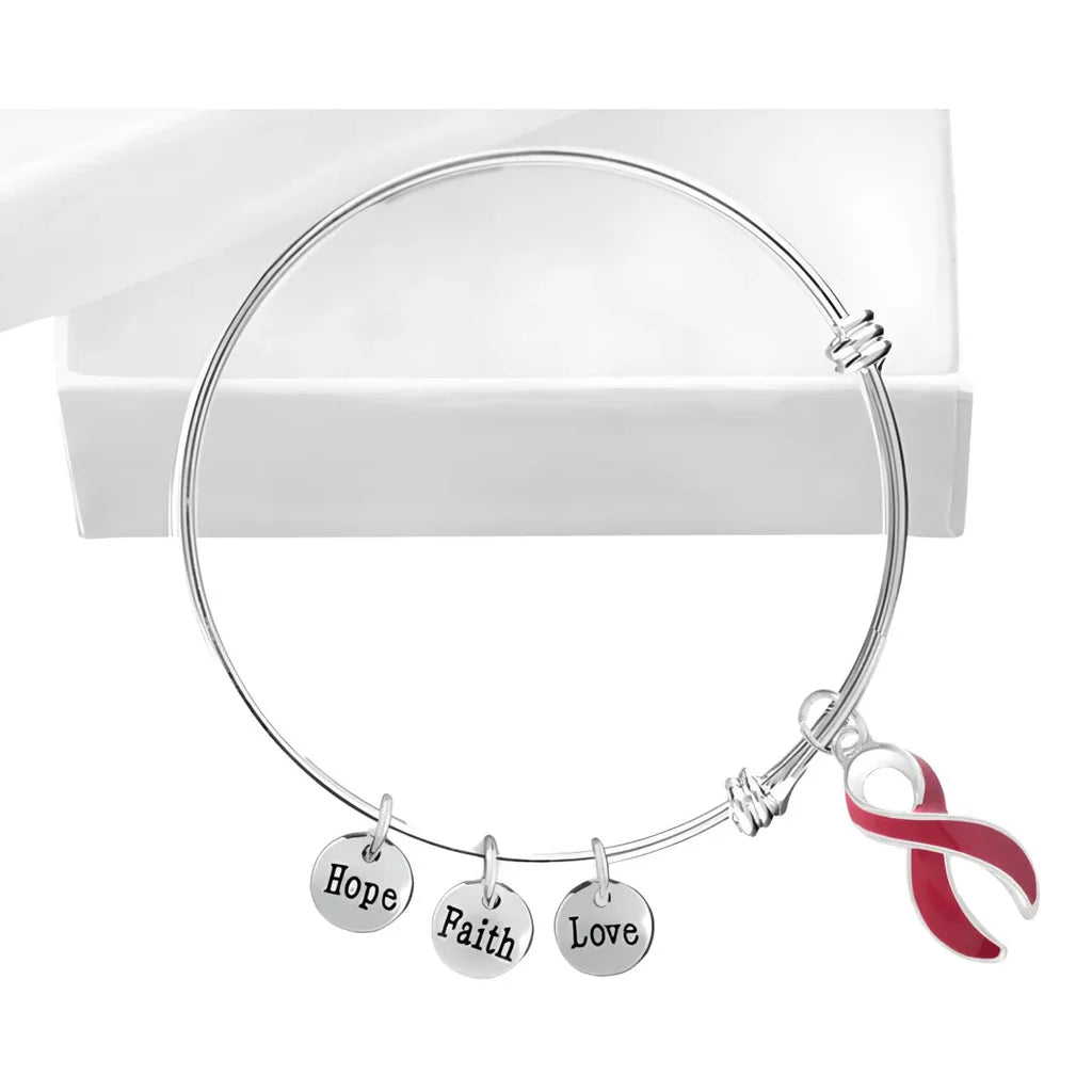 Burgundy Ribbon Awareness Retractable Bracelet – Hope, Faith, Love Charms
