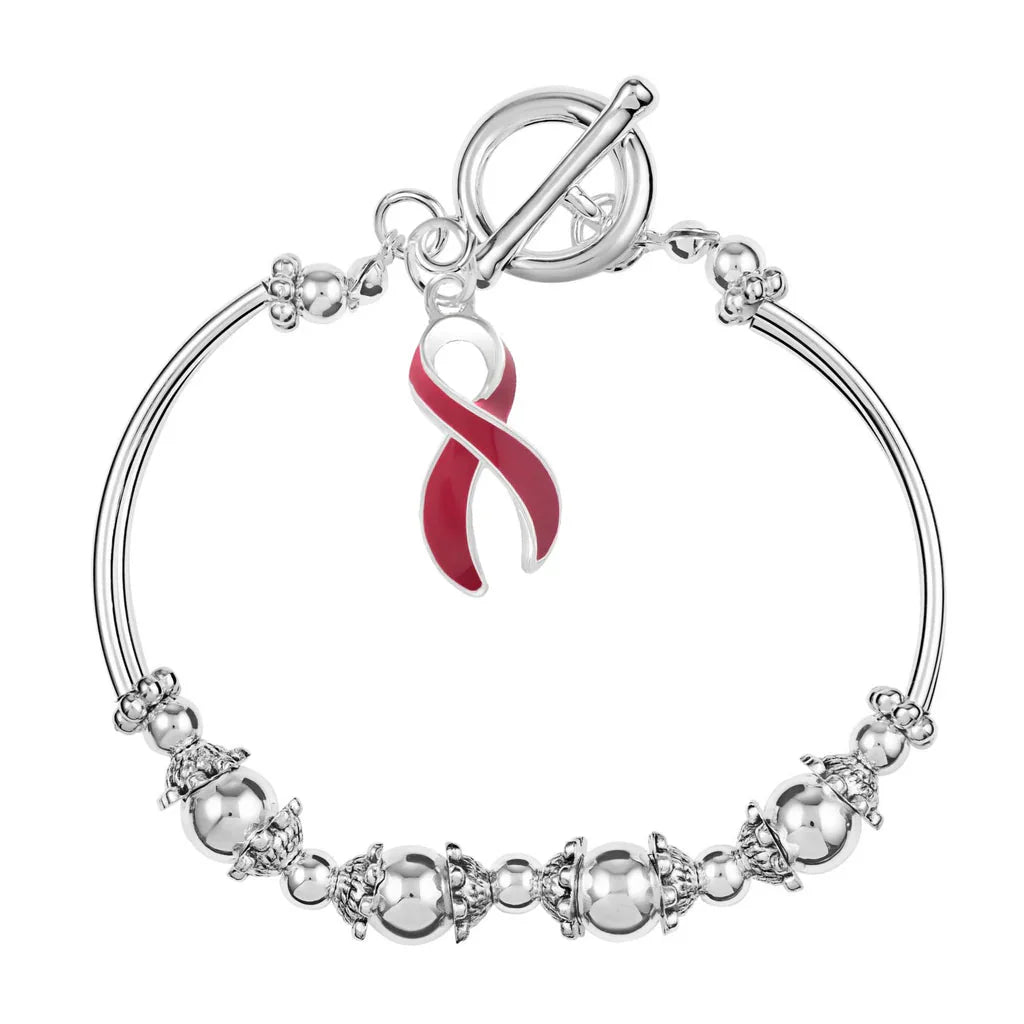 Burgundy Ribbon Partial Beaded Charm Bracelets