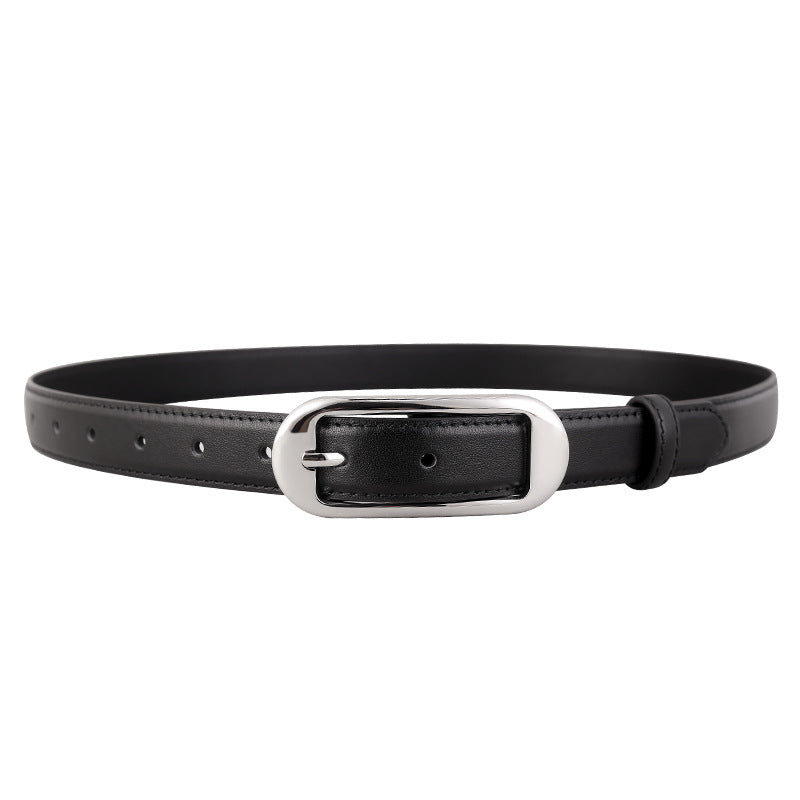 Women's Leather Skinny Belt with Buckle – Classic Neutral