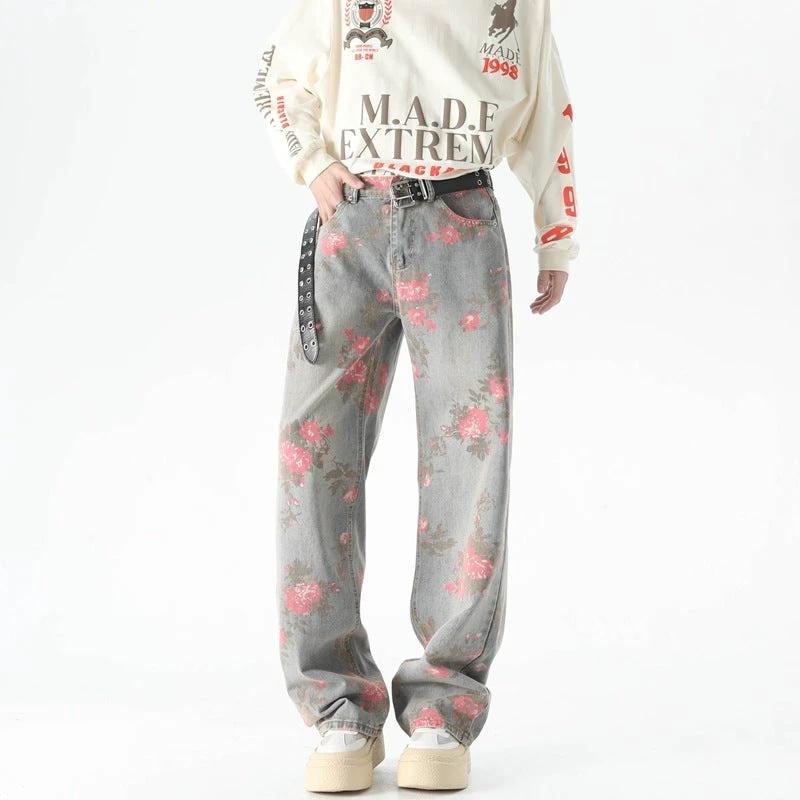 Men's Peony Jacquard Washed Loose Jeans