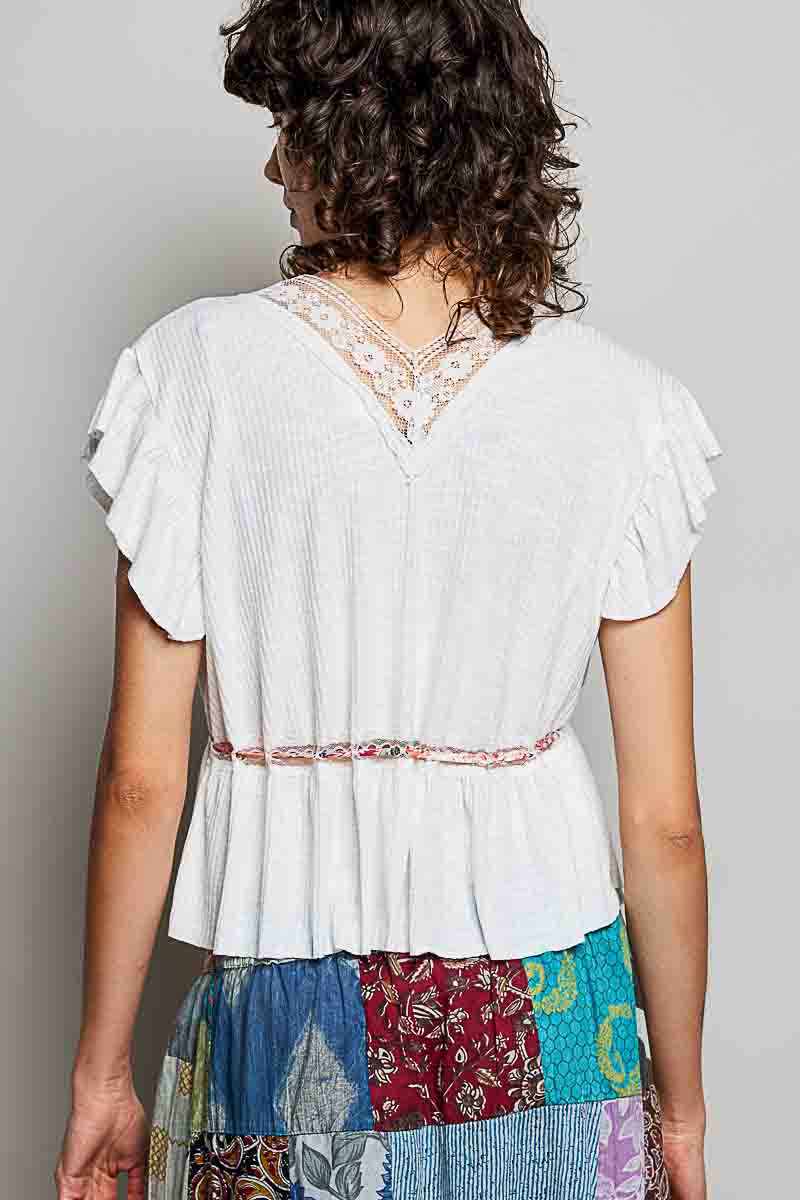 White Tied Ruffled V-Neck Short Sleeve Blouse with Lace Details