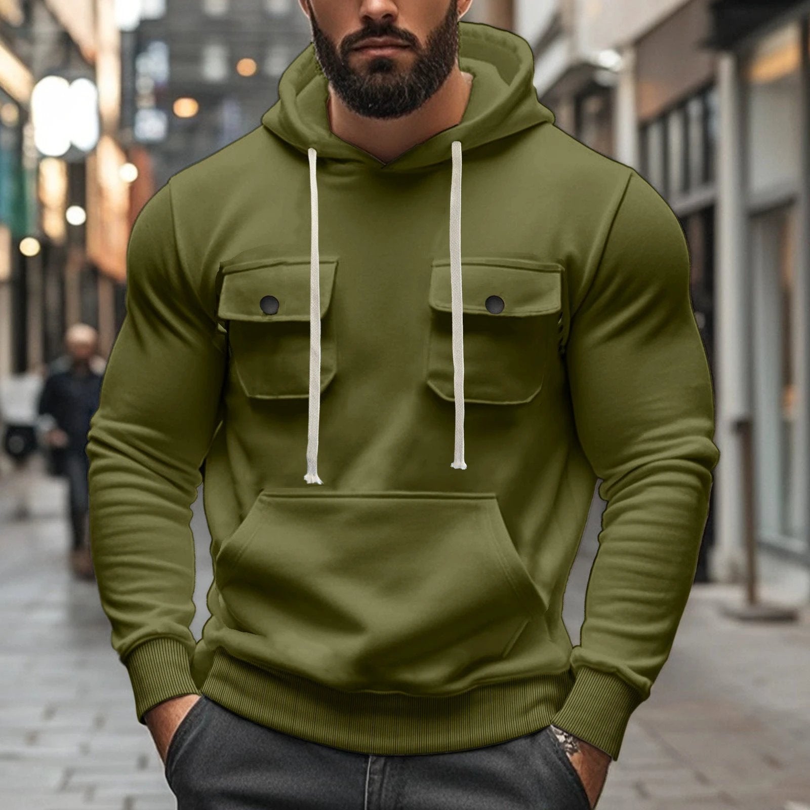 Men's  Multi-pocket Long Sleeve Solid Color Hoodies
