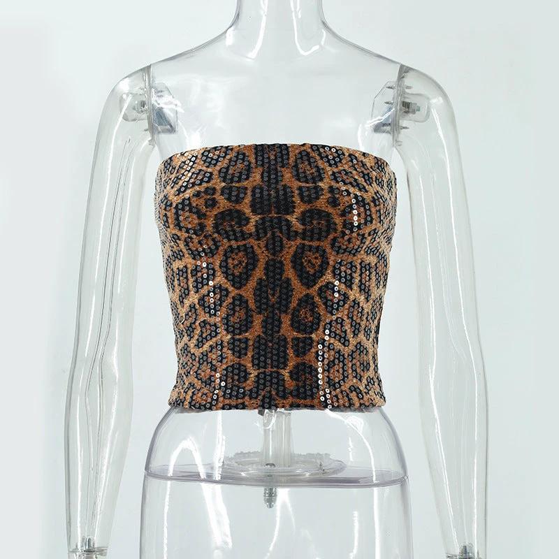 Women's Leopard Print Sequined Bandeau Slim-fit Inner Vest