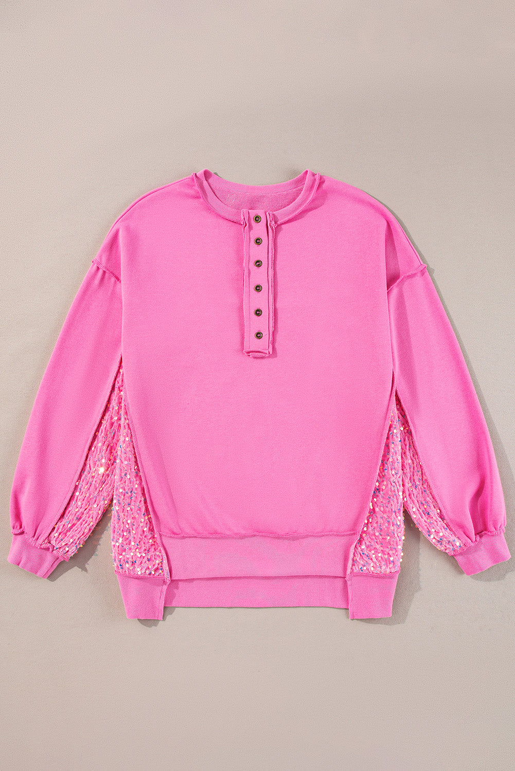 Bonbon Sequin Patchwork High Low Hem Henley Women's Sweatshirt