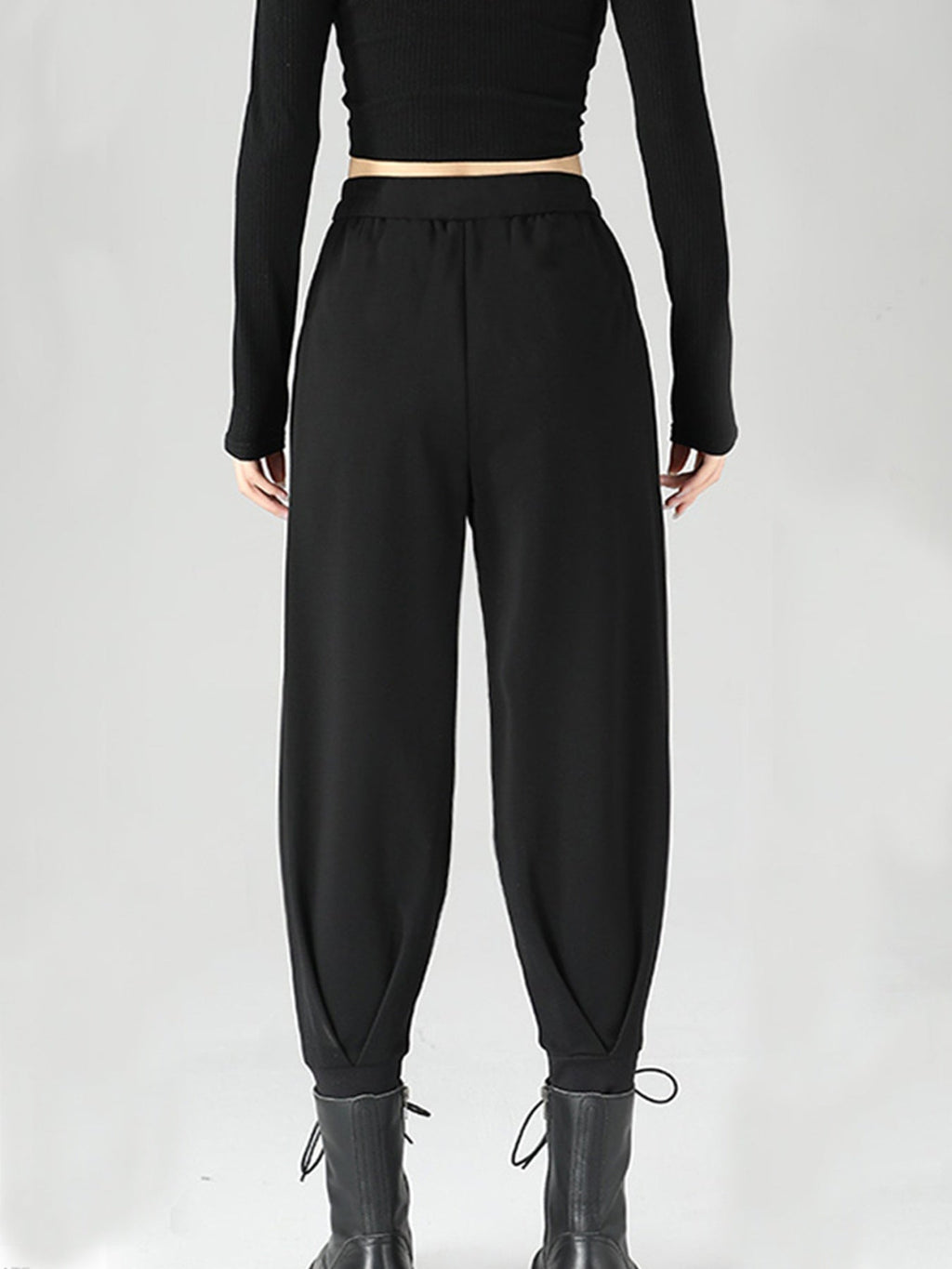 Women High-Waisted Buckle Detail Tapered Pants in Black