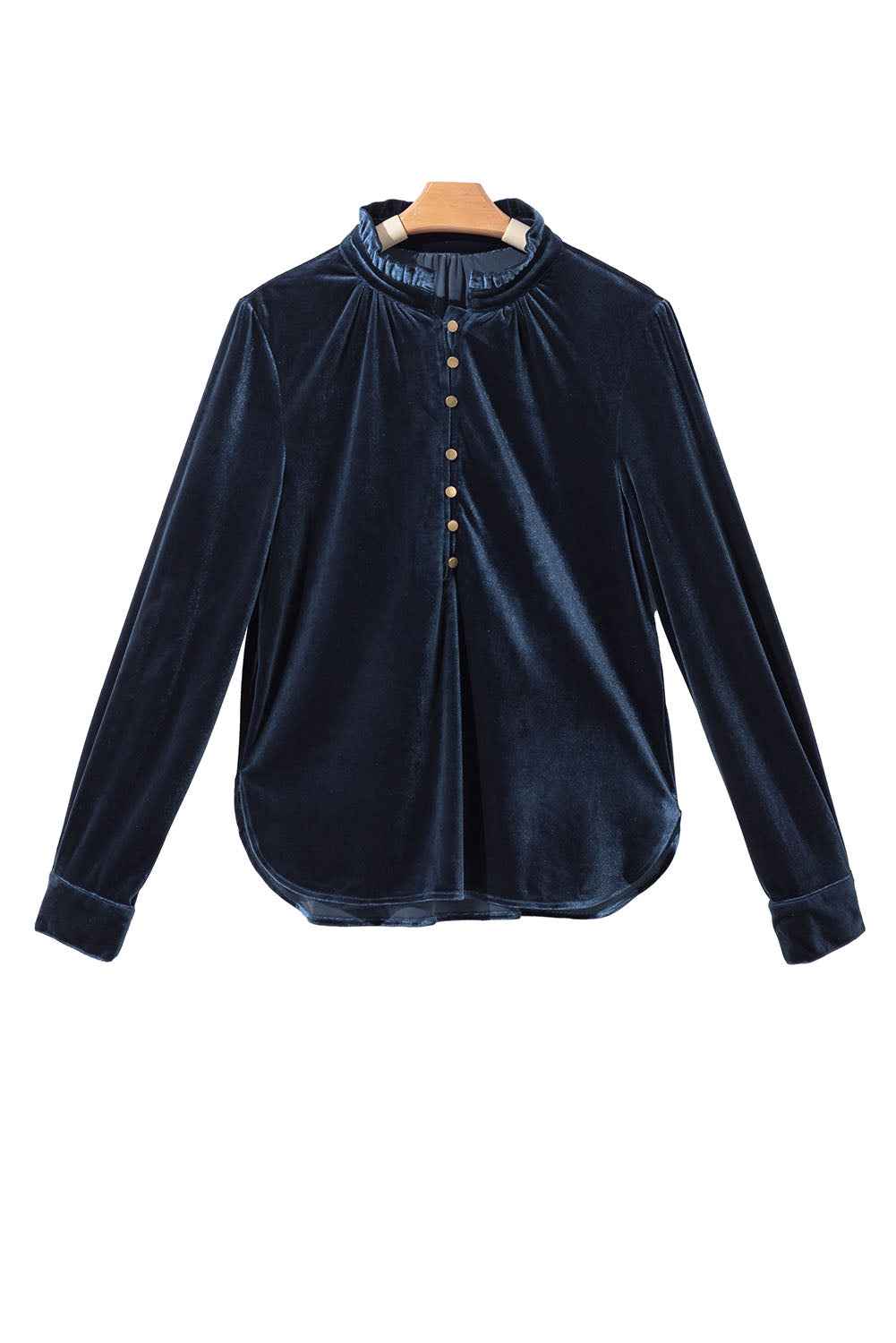 Green Frilled Neck Buttoned Front Velvet Women's Top
