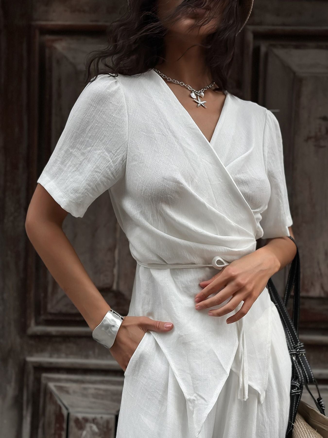 White Wrap Top & Wide Leg Pants Set | Bohemian Beach
