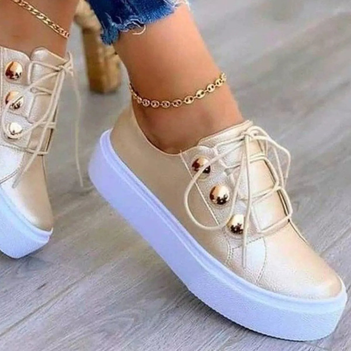 Women's Black Platform Sneakers with Gold Button Details