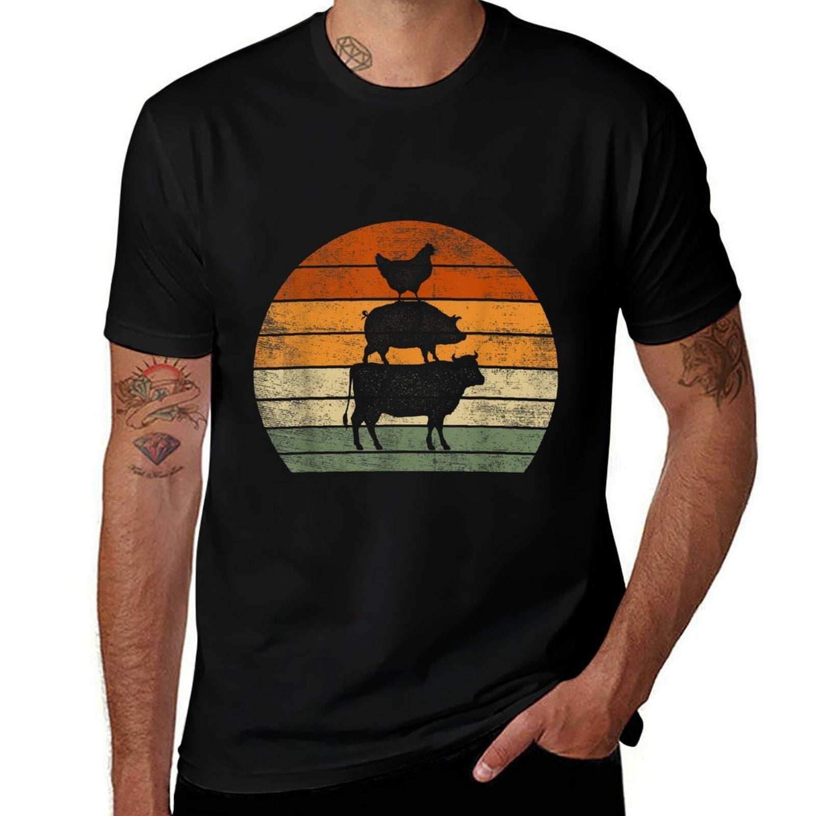 Farm Animals Gifts Women Men Cow Pig Chicken Print Graphic  Oversized Silhouette T-Shirt
