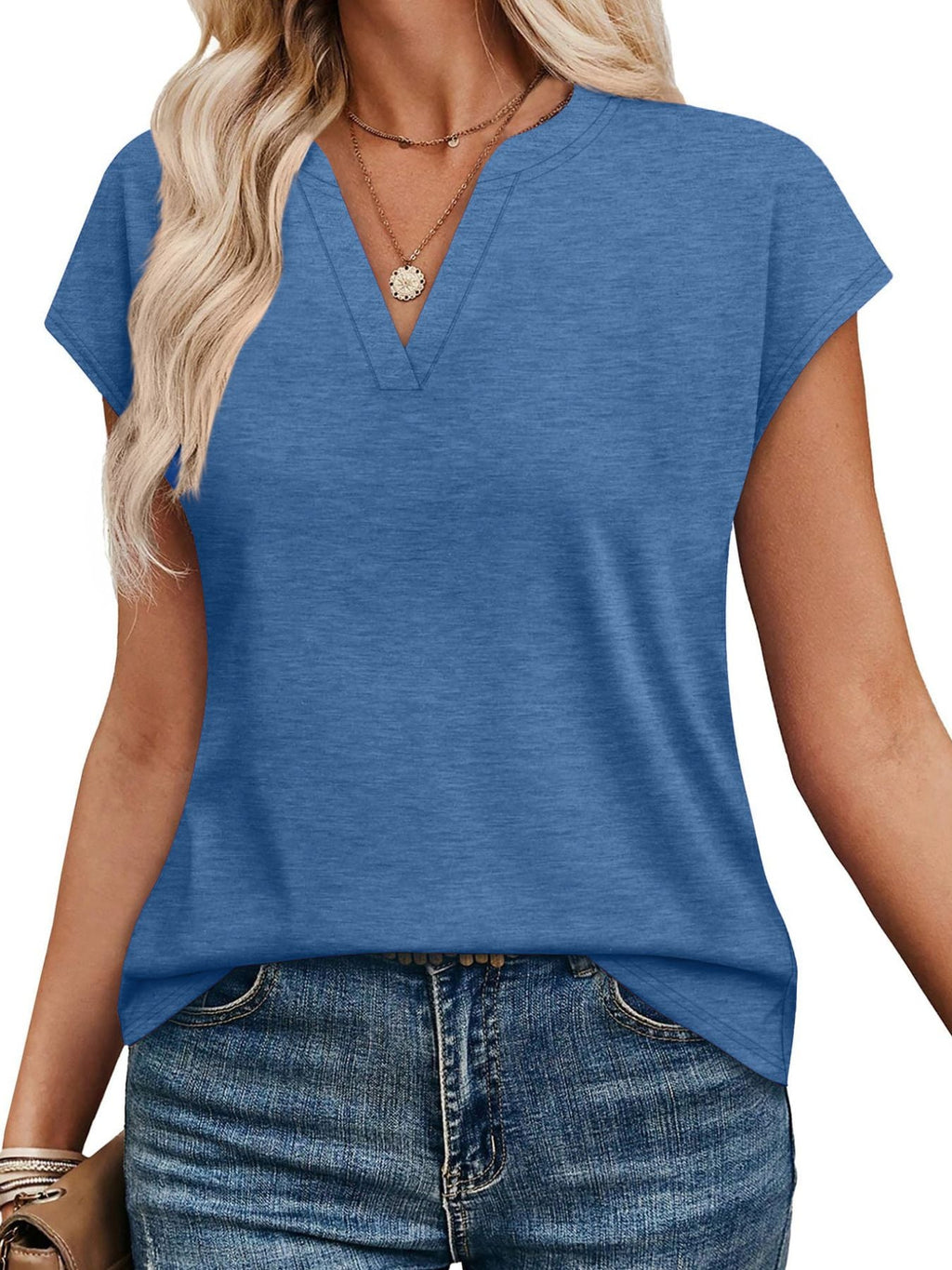 Women's Blue Notched Neck Short Sleeve Basic T-Shirt