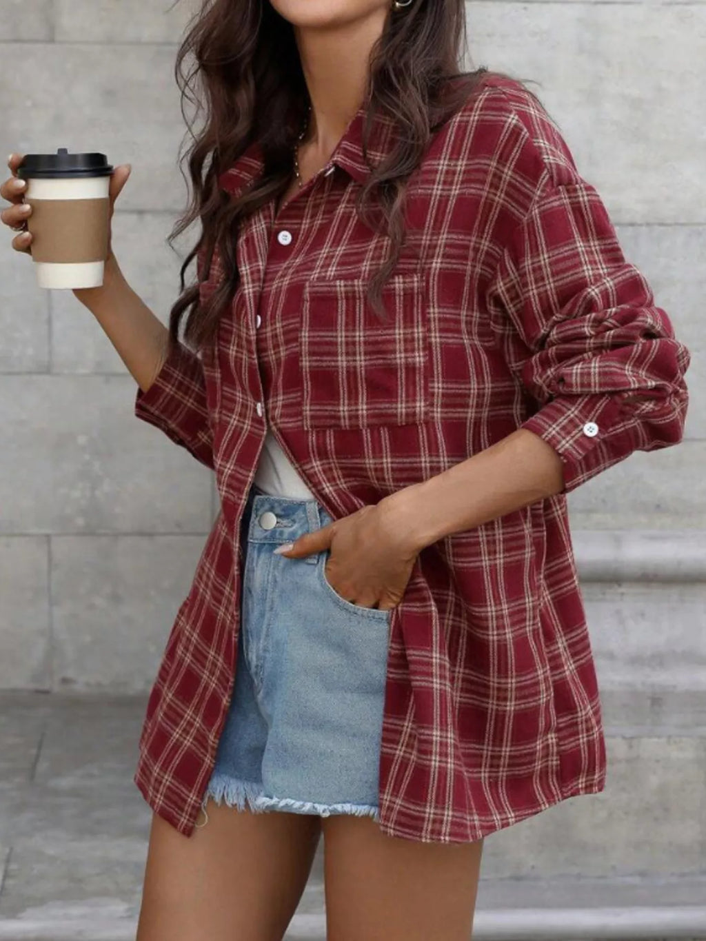 Women's Long Sleeve Plaid Button-Down Shirt in Red