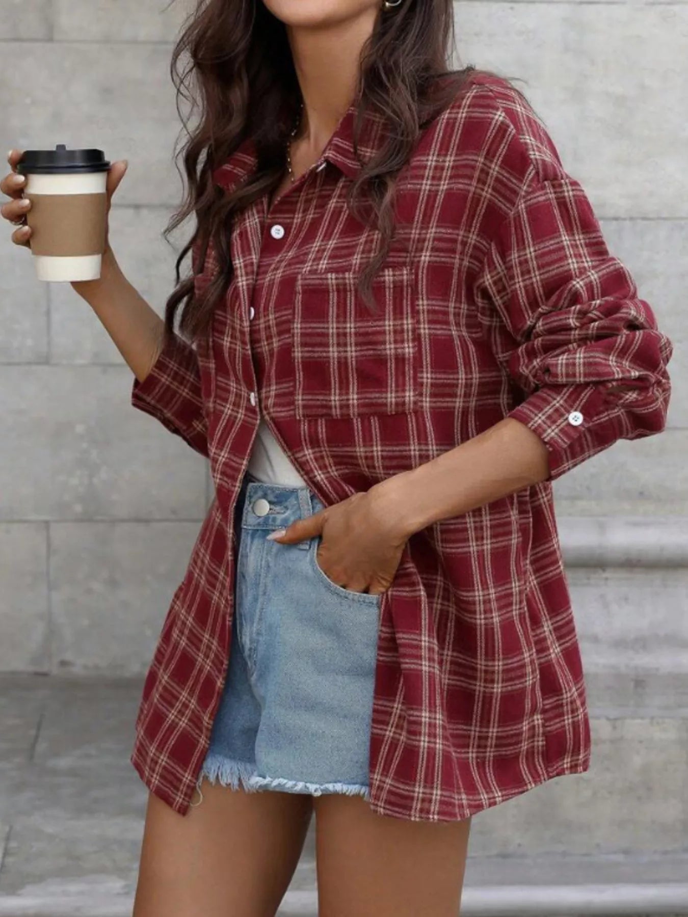 Women's Long Sleeve Plaid Button-Down Shirt in Red
